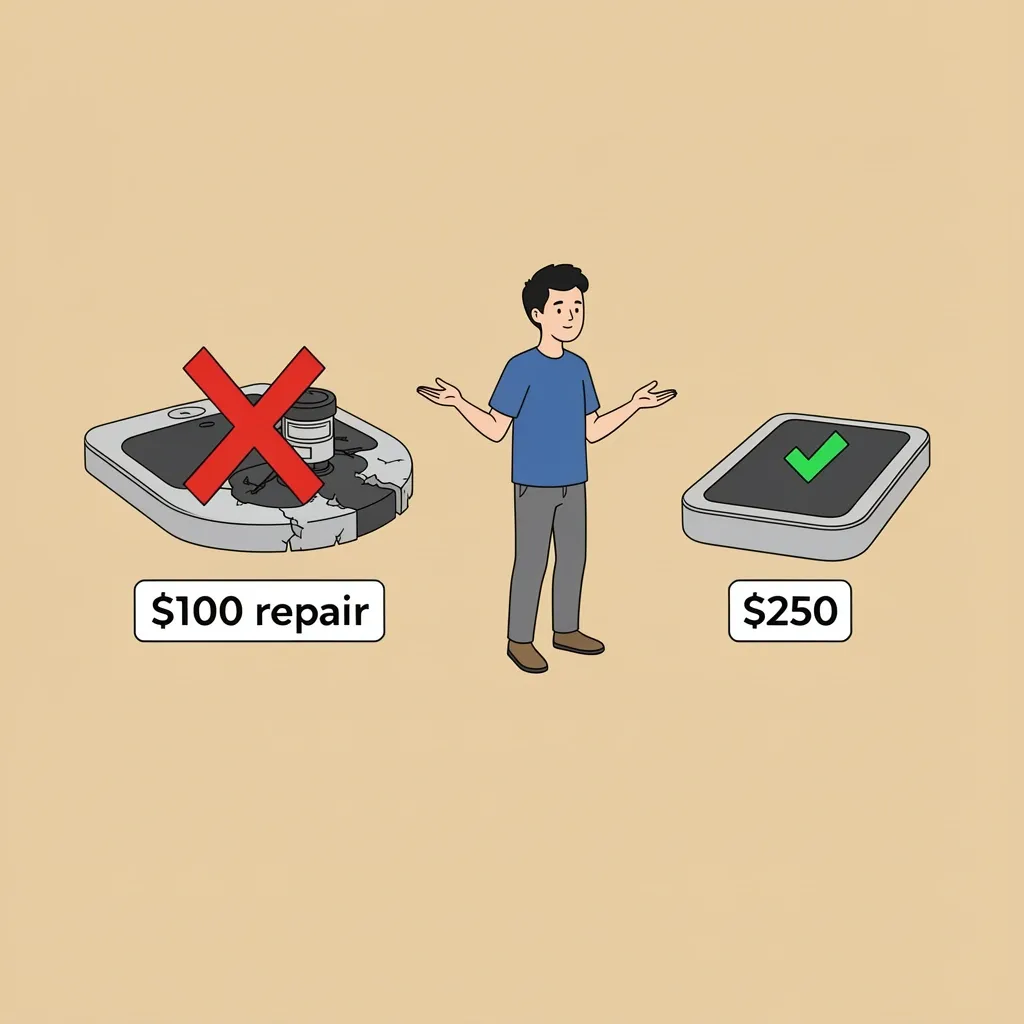 When to throw out a walking pad vs repair Decision scale comparing repair cost vs buying new walking pad, with character shrugging