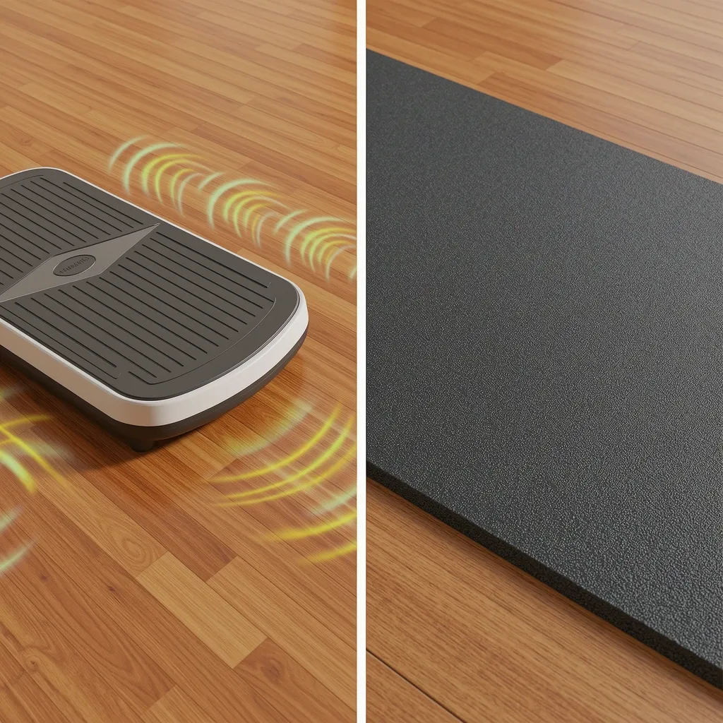 Reduce Walking Pad Noise with a Rubber Mat Illustration comparing walking pad vibration on hardwood floor versus on a thick rubber mat that absorbs shock