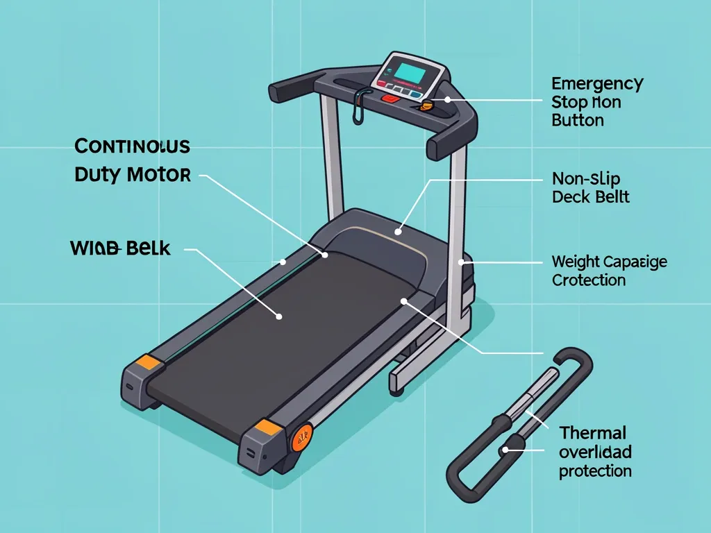 Checklist illustration of a walking pad with labeled safety features: motor, emergency stop, non-slip deck, belt width, weight capacity, and handle.