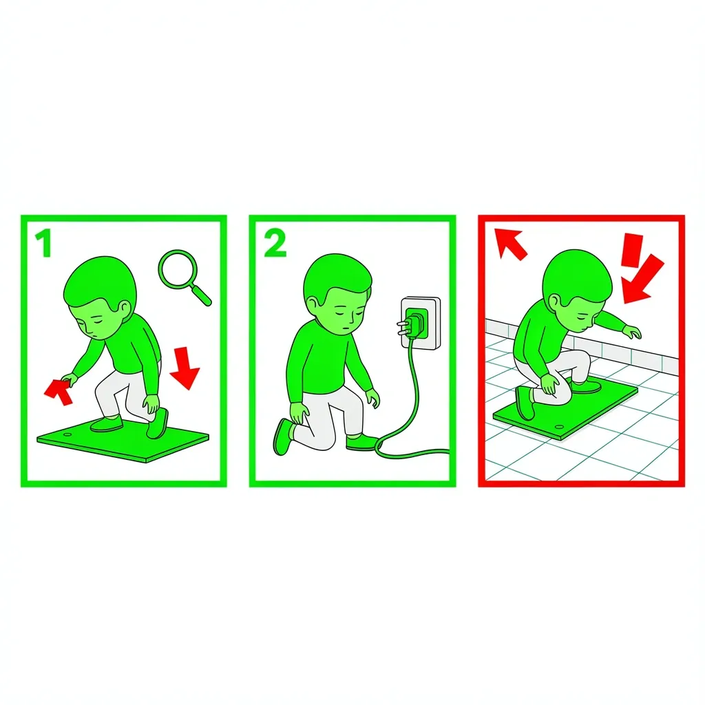 Walking pad burning smell safety steps Three-step safety protocol illustration: identify smell, unplug, move to hard floor