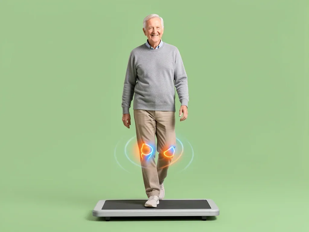 Arthritis Relief with Walking Pad Senior walking on a pad with glowing joint icons showing relief from arthritis pain
