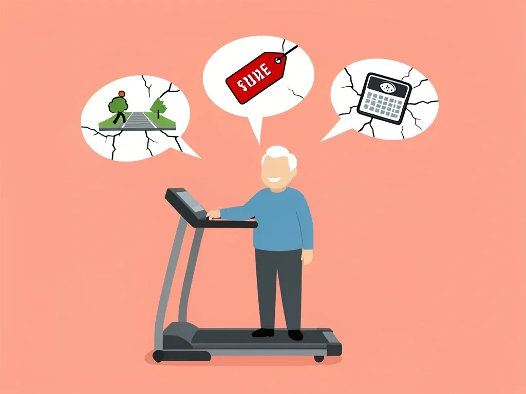 Walking Pad Myths Debunked for Seniors Senior with cracked myth speech bubbles showing common misconceptions about walking pads