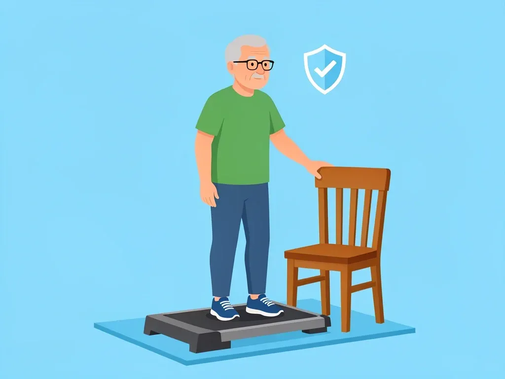 Senior Walking Pad Safety with Chair Support Senior using a walking pad with one hand on a chair for balance and a safety shield icon