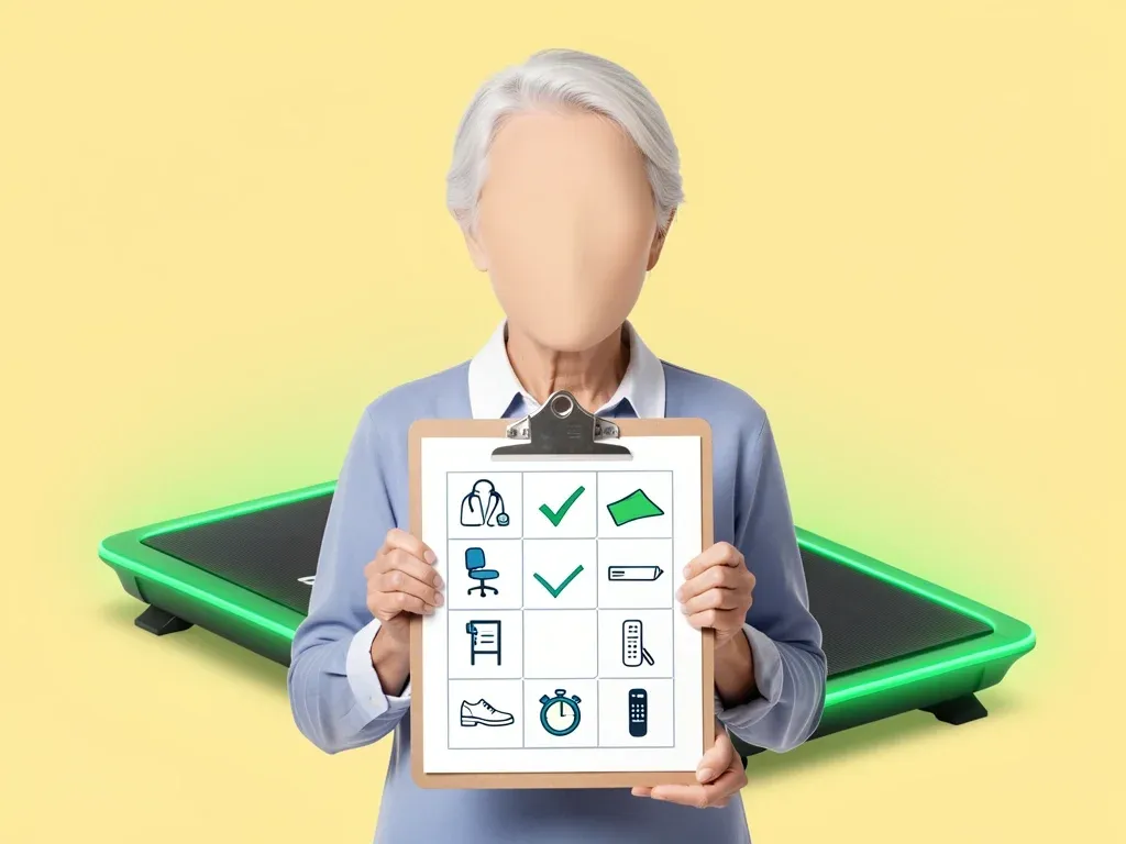 Walking Pad Safety Checklist for Seniors Safety checklist for seniors using a walking pad with icons for doctor approval, mat, chair, shoes, timer, and remote