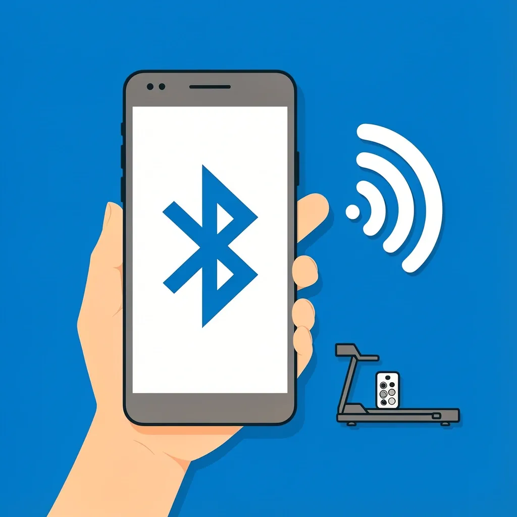 WalkingPad App and Remote Control Smartphone with Bluetooth icon connecting to a treadmill and remote control