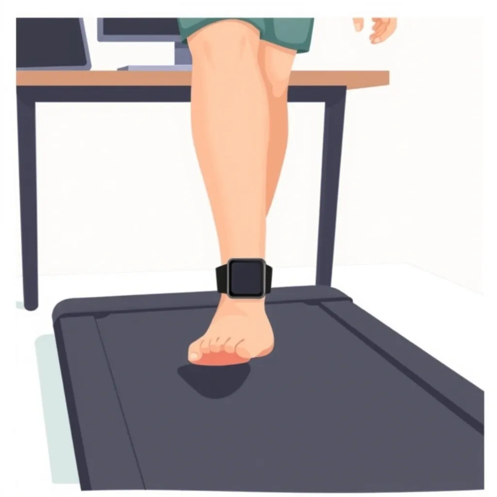 Ankle band smartwatch tracking for walking pad 2D illustration of a person walking on a treadmill with a smartwatch attached to their ankle, demonstrating the ankle band solution