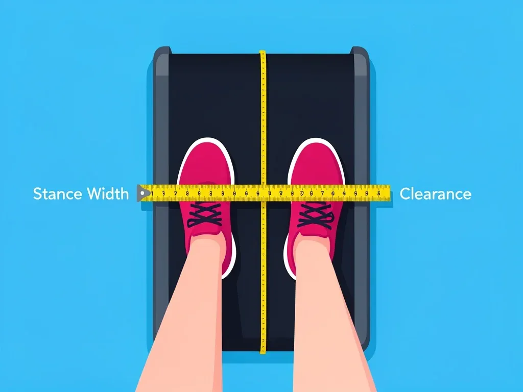 Foot Size and Stance Width for Walking Pad Safety Top-down measurement of stance width and clearance on a walking pad belt with labels