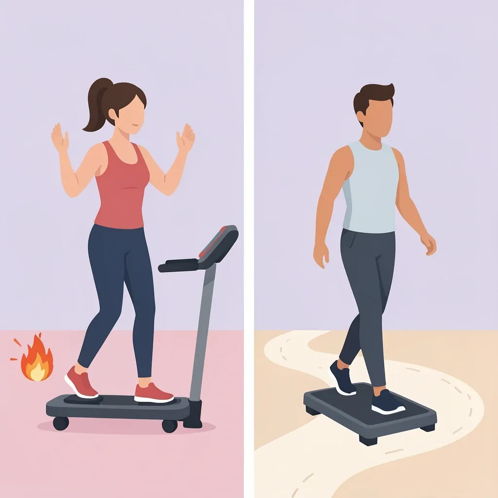 Comparison of a person using a mini stepper and a person using a walking pad side by side in a home