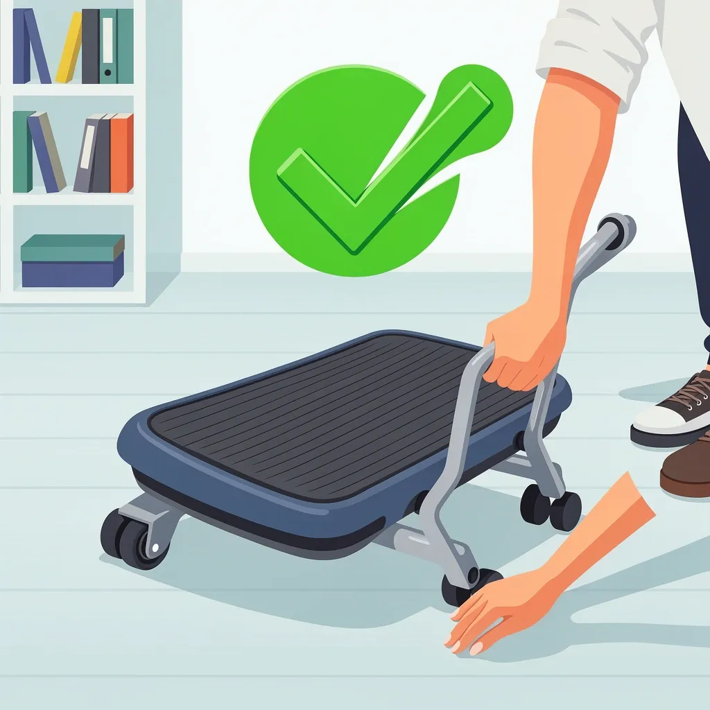 Easy Walking Pad Movement Using Right Technique Person easily moving a walking pad using tilt-and-roll technique with furniture slider and checkmark icon