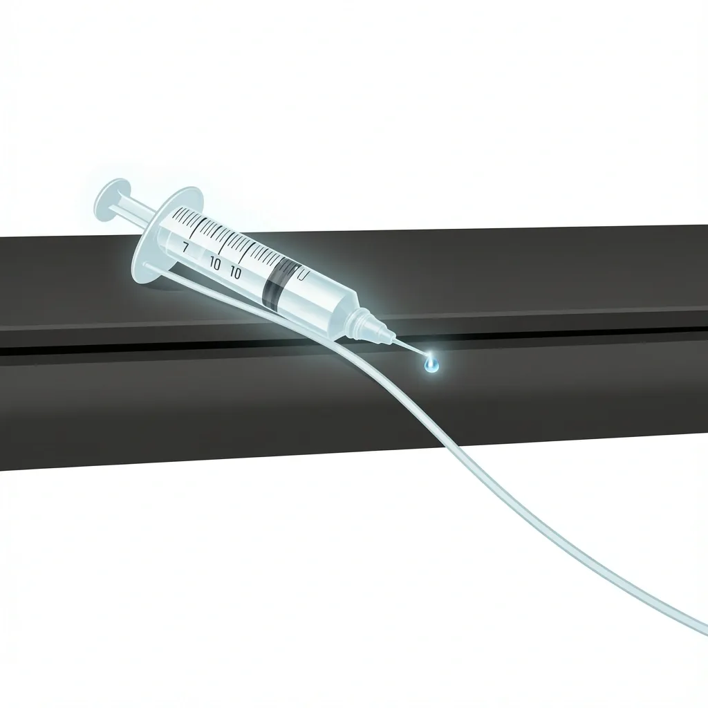 Syringe Method for Tight Belt Clearance Close-up of a syringe with flexible tube inserted under a tight walking pad belt to apply silicone oil