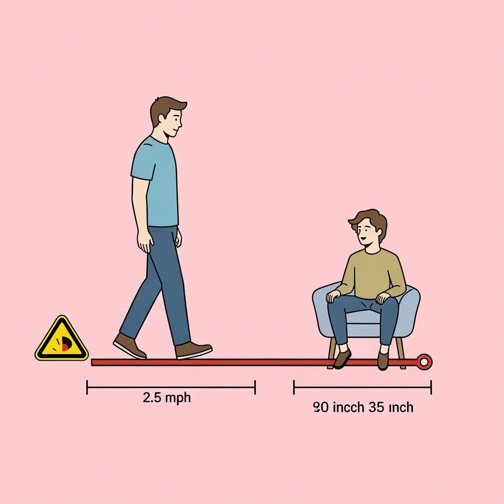Tall User Short Belt Feasibility 2D illustration of a tall person on a short belt with a speed limit icon