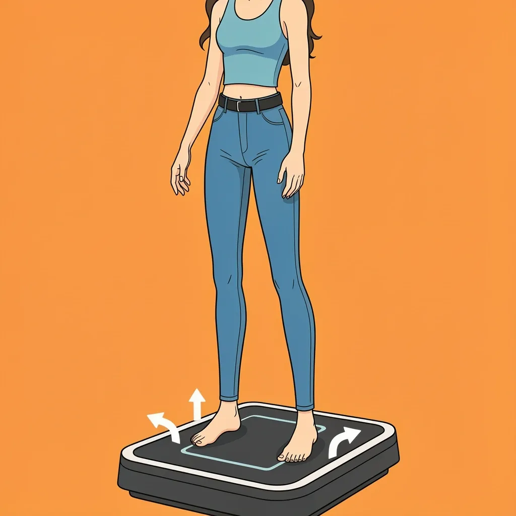 Tall user clearance issues on a walking pad A tall person standing on a walking pad with toes and heels near the edges, arrows showing minimal clearance.