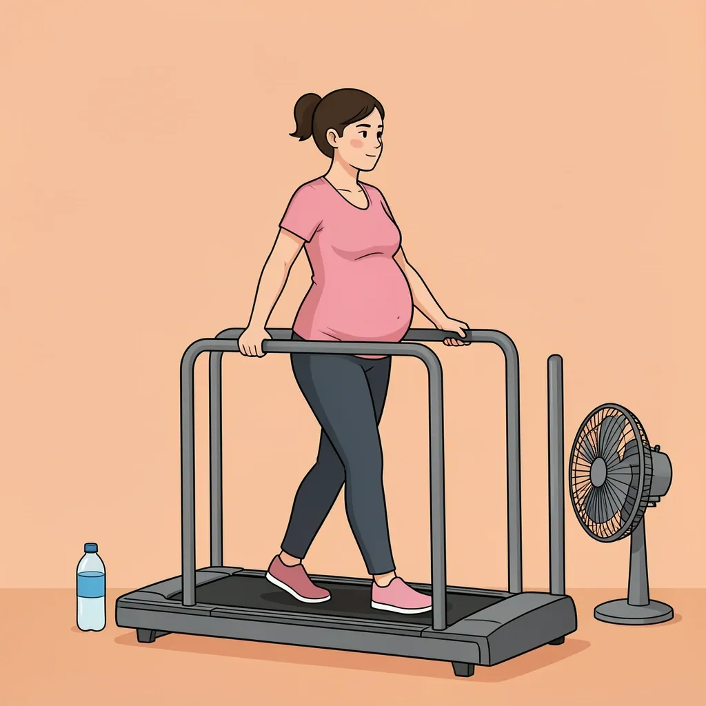 Safe Third Trimester Walking Pad Routine Pregnant woman in third trimester using walking pad with handrails and cooling fan