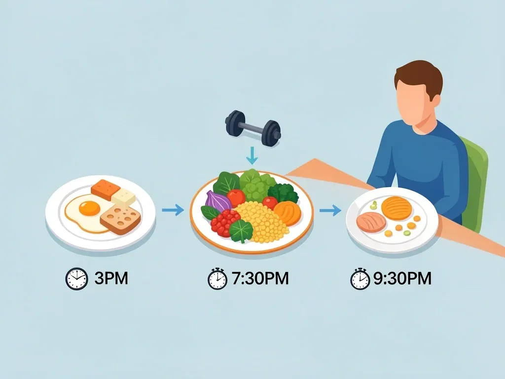 Isometric illustration of three meals in the eating window: first meal protein and fat only, second meal largest with carbs post-workout, third meal lighter