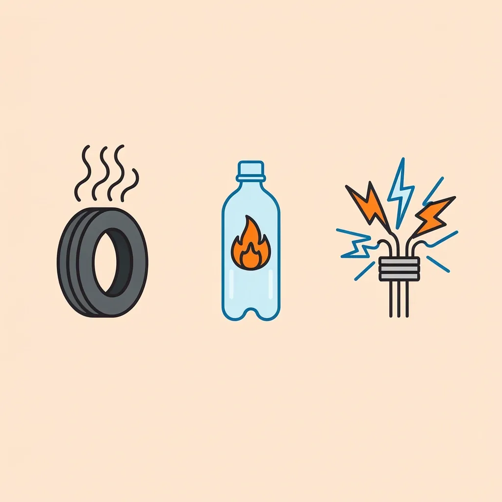 Three types of burning smells in walking pads Three visual icons representing rubber smell, plastic smell, and electrical smell from a walking pad