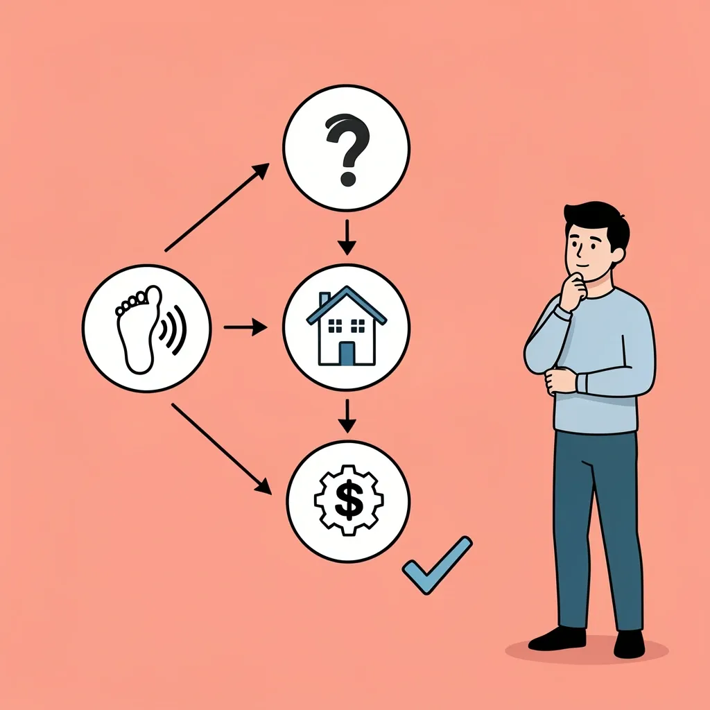 Decision Framework Walking Pad vs Treadmill Three-step decision flowchart: activity type, space and noise, budget and upkeep, leading to a final checkmark