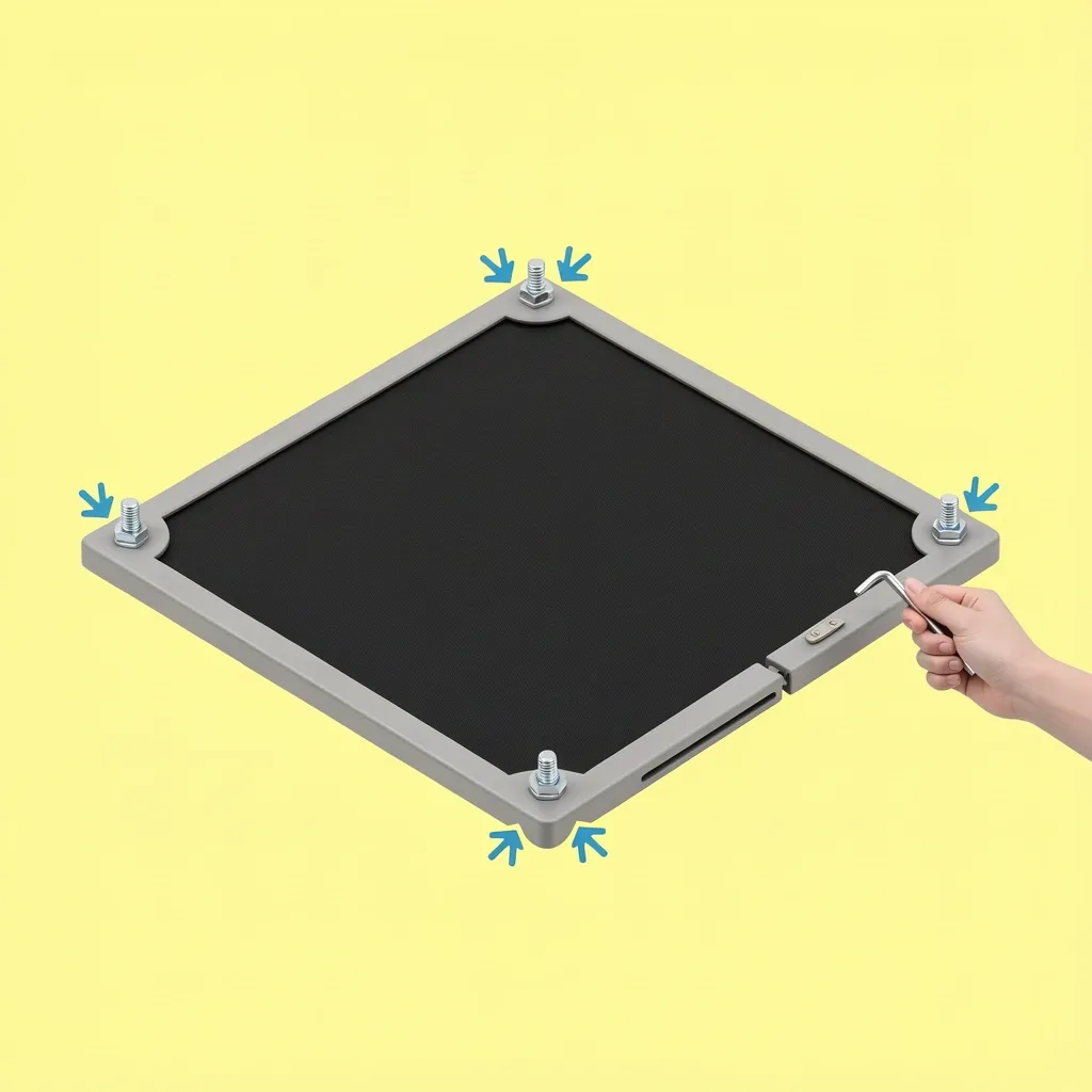 Tighten Walking Pad Bolts to Stop Rattling Hand using a hex key to tighten bolts on the corner of a walking pad with arrows highlighting bolt locations