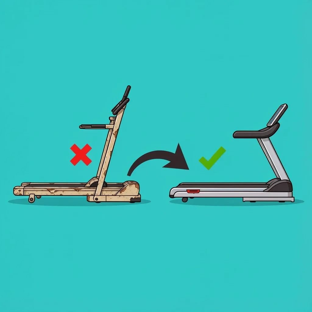 WalkingPad C1 to P1 Replacement Timeline Timeline illustration showing old treadmill replaced by new model with checkmark