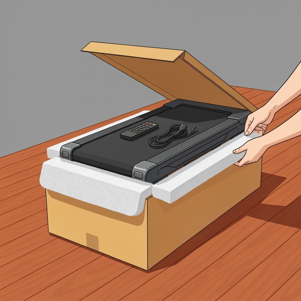 Unboxing the WalkingPad R2 treadmill showing the folded unit with foam protection and accessories like remote and power cord