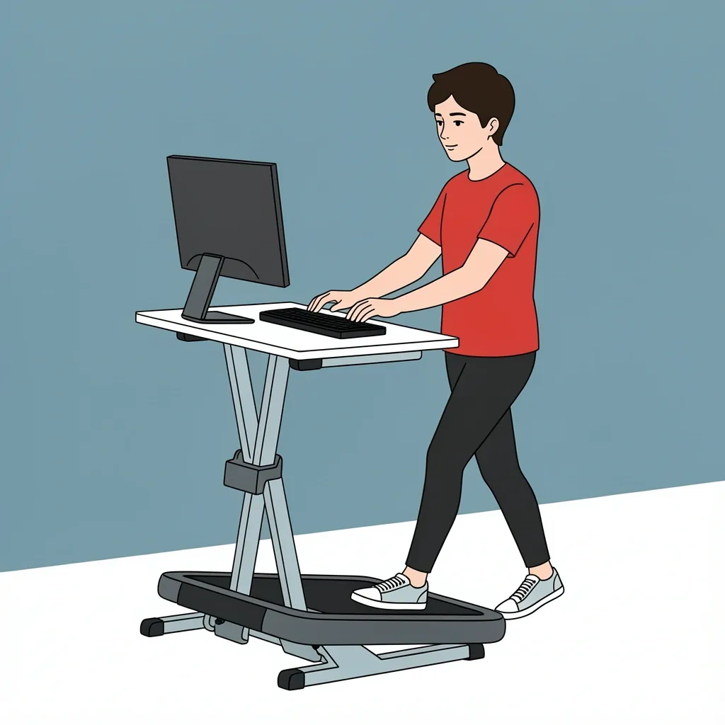 Using a walking pad under a desk while typing A person standing at a desk typing while walking slowly on a compact walking pad under the desk.