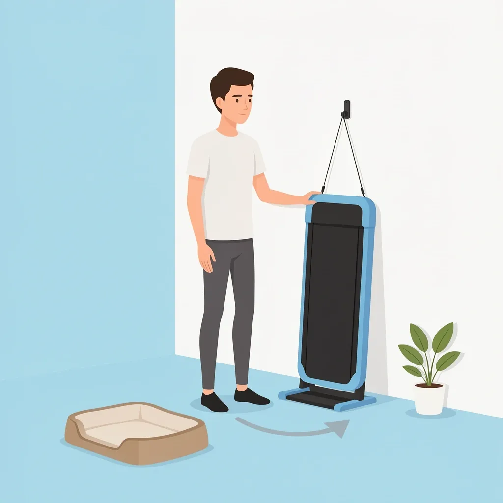 Upright Walking Pad Storage in Small Apartment A person storing a walking pad upright in a small apartment, with a non-slip mat and bungee cord securing it to the wall.