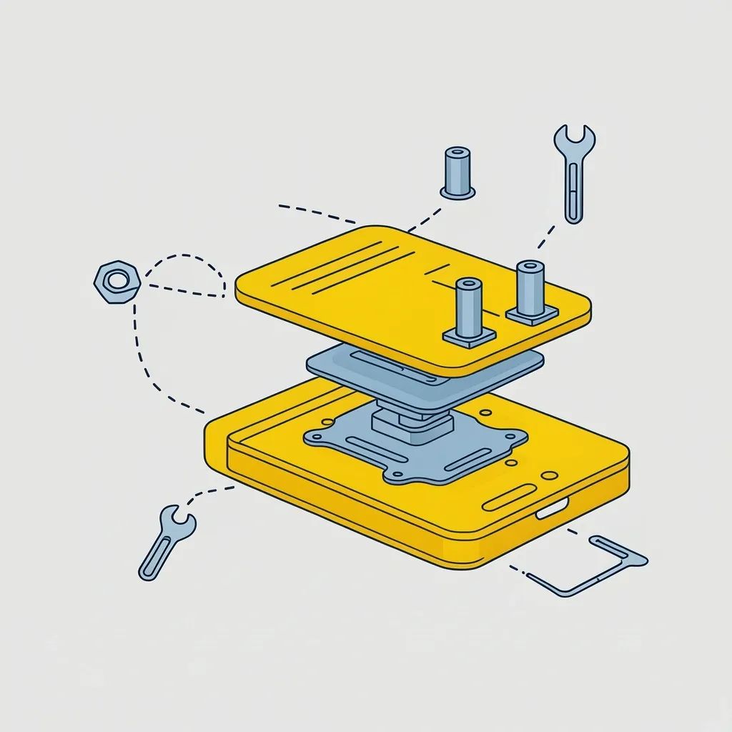Brand-specific adjustment locations Exploded view of walking pad with rear bolts, front screws, and tools for brand-specific adjustments