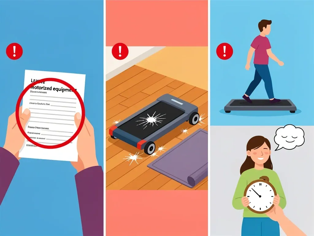 Three apartment pitfalls for walking pad users Three apartment warning scenarios: lease restrictions, floor damage from wheels, and late-night neighbor disturbance