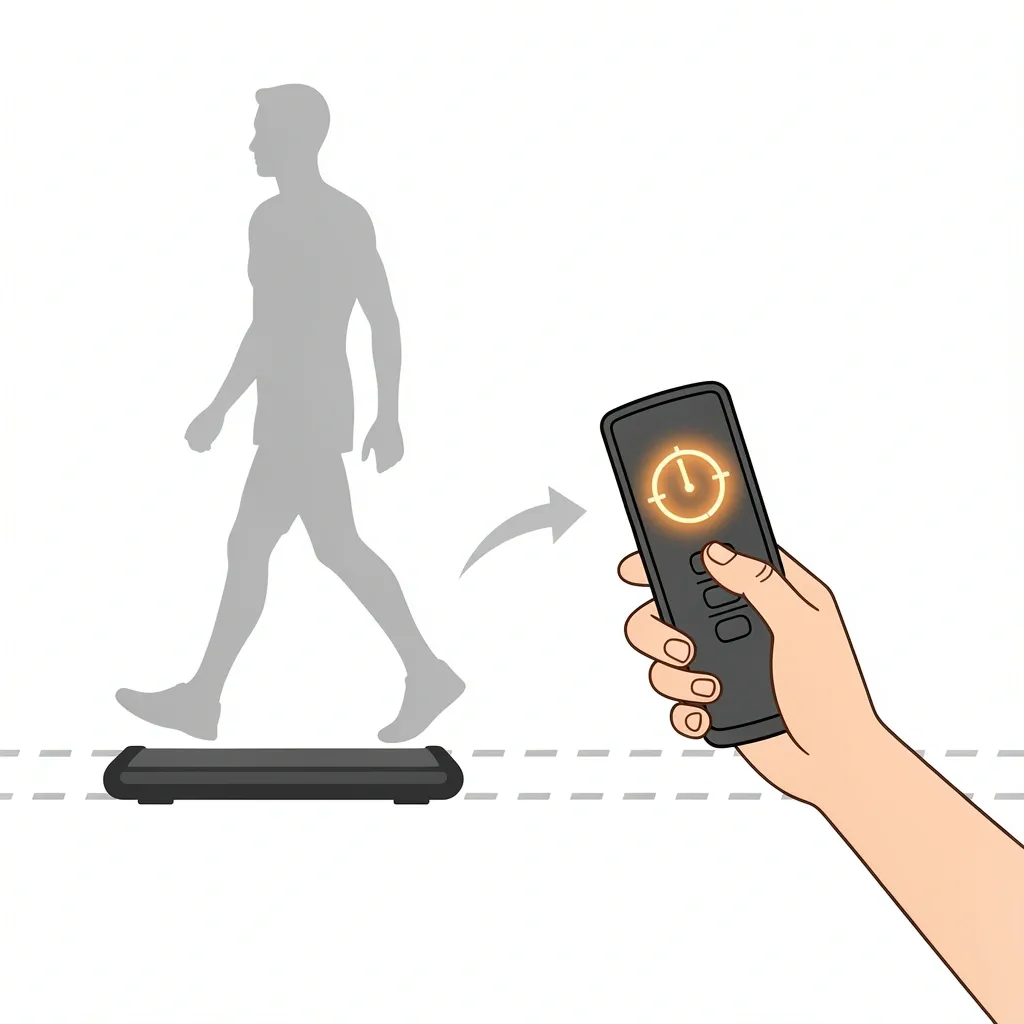 Walking pad auto-off timer troubleshooting Vector illustration of a walking pad remote with a timer icon, a hand holding it, and an arrow pointing to the walking pad with a steady pace silhouette in background