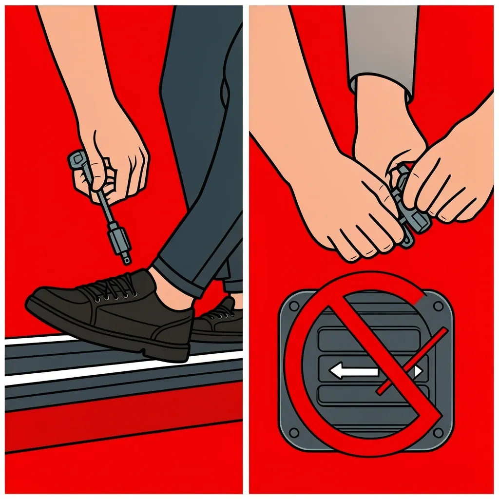 Common belt adjustment mistakes Illustration of two common mistakes adjusting while plugged in and tightening only one bolt with X marks