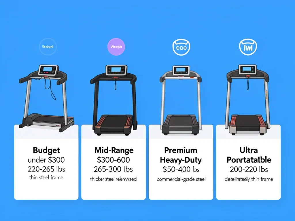 Comparison of Walking Pad Weight Limit Categories Comparison of four walking pad categories: Budget, Mid-Range, Premium Heavy-Duty, and Ultra-Portable with weight capacities