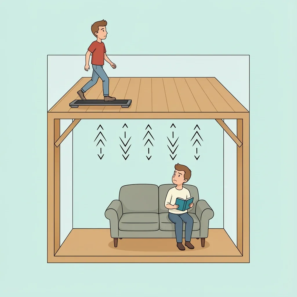 Downstairs Noise from Walking Pad Illustration of a two-story apartment showing vibration arrows from a walking pad on the top floor traveling to a person on the bottom floor