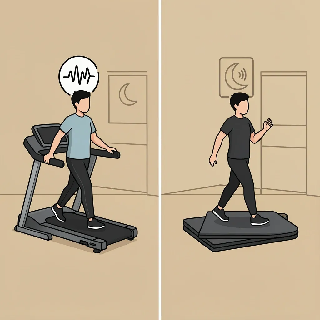 Environment Tips for Walking Pad Use Split comparison of walking pad on hard floor with loud noise vs on mat with quiet noise, with a room icon for shared space.