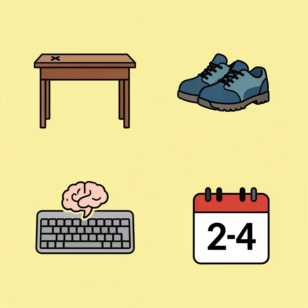 FAQ About Walking Pad and Standing Desk Icon grid representing FAQs: fixed desk not suitable, special shoes needed, desk space dimensions, typing accuracy adaptation after weeks, and walking pad lifespan of 2-4 years.