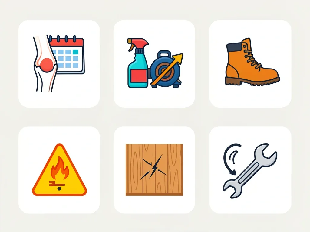 Six icons representing common walking pad FAQs: knee replacement, cleaning, work boots, incline, fire risk, hardwood floor damage, and mechanical failure.