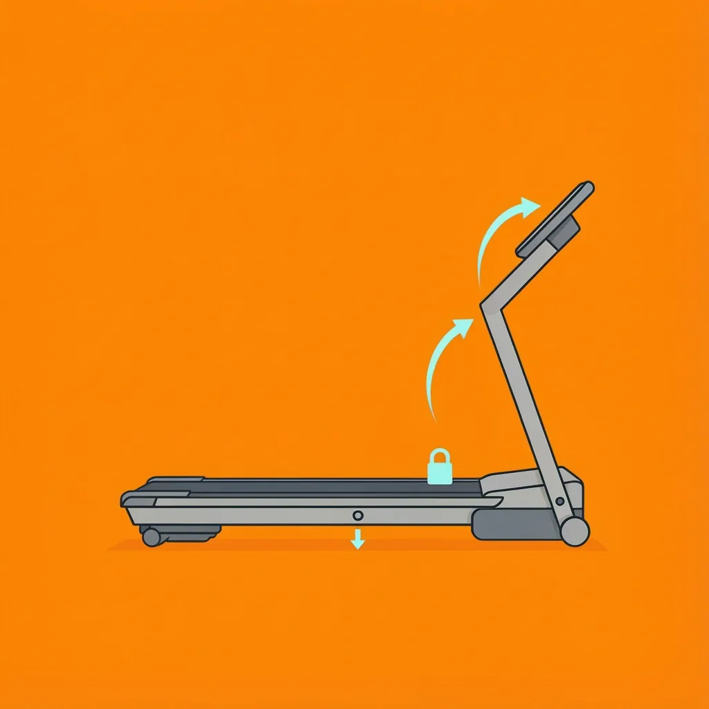 Walking Pad Features for Upright Storage Illustration of a walking pad with labeled features like a kickstand, locking mechanism, and low center of gravity for safe upright storage.