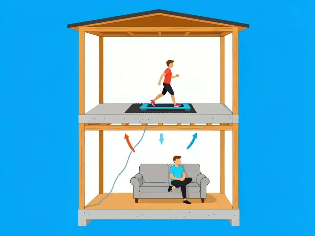 Floor vibration isolation for walking pad in apartments Cross-section diagram showing a walking pad on a rubber mat on the second floor with vibration dampened to the apartment below