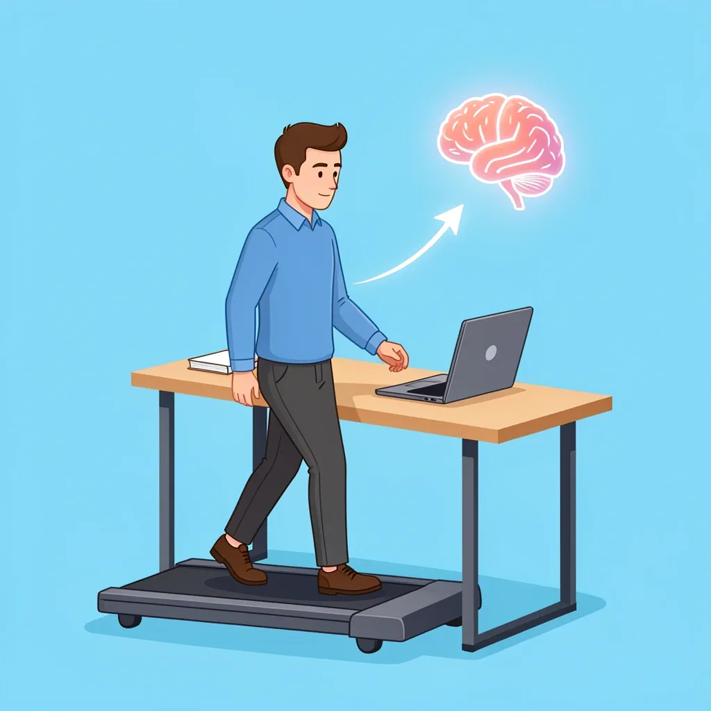 Health Benefits of Walking Pad at Desk Person walking on a treadmill at a standing desk, with visual icons for heart and brain health benefits nearby.