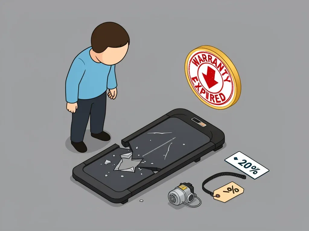 Hidden costs of a walking pad including a broken machine, expired warranty stamp, low resale value coin, and expensive repair parts