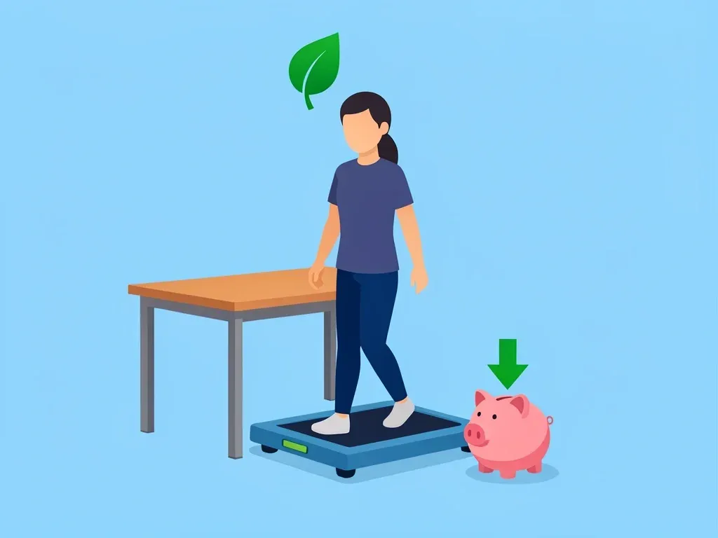 Energy Efficient Walking Pad Conceptual illustration of a walking pad with energy efficiency symbols like a leaf and piggy bank