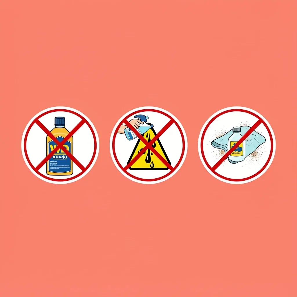 Common Lubrication Mistakes to Avoid Three common lubrication mistakes shown in red-circled icons with X marks: WD-40, over-lubrication, dirty cloth, plus a green checkmark for correct silicone oil