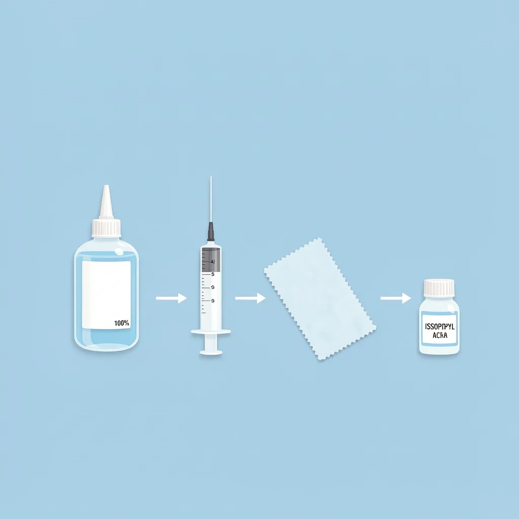 Walking Pad Lubrication Toolkit Flat lay of essential walking pad lubrication tools including silicone oil, syringe with tube, lint-free cloth, and isopropyl alcohol on a blue background