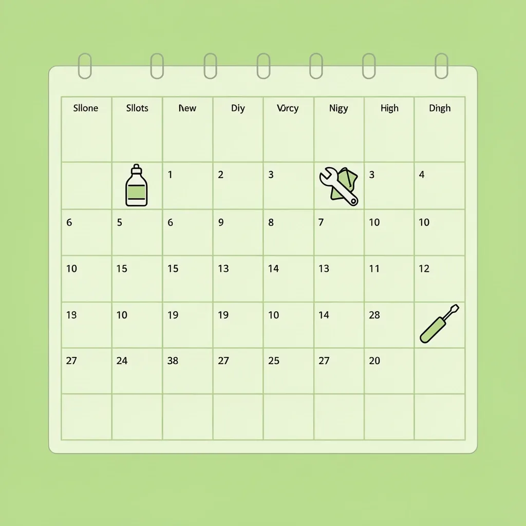 Walking Pad Maintenance Schedule for Quiet Operation Calendar illustration with icons for lubricating belt, checking tension, wiping dust, and inspecting hinge screws for a walking pad maintenance schedule