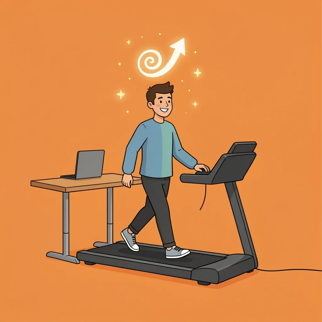 Mood Boost from Walking While Working Happy person walking at a standing desk with visual symbols of increased mood and energy around their head.