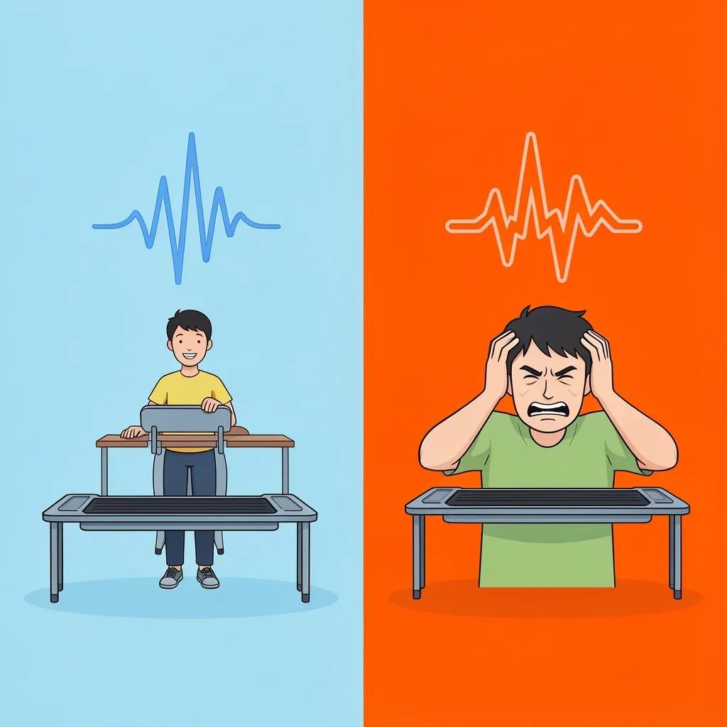 Motor Noise Quality Comparison Illustration comparing a quiet low-hum motor with a smooth sound wave and a smiling person versus a harsh high-pitched whine motor with jagged waves and a grimacing person