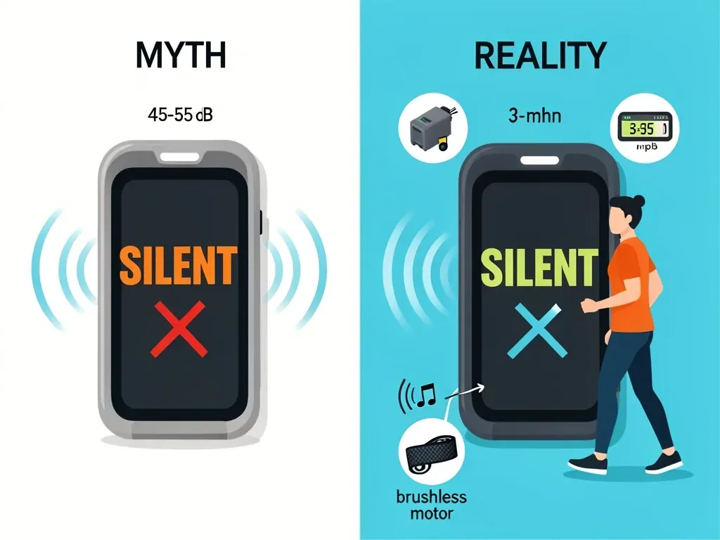 Myth versus reality of walking pad noise levels Comparison illustration showing the myth of silent walking pads versus reality with actual noise levels at different speeds