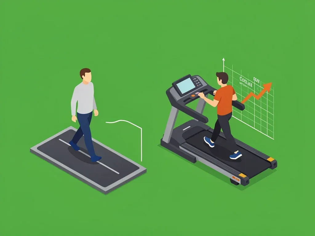 Comparison of a flat walking pad showing a plateau graph and a treadmill with incline showing an upward progress graph