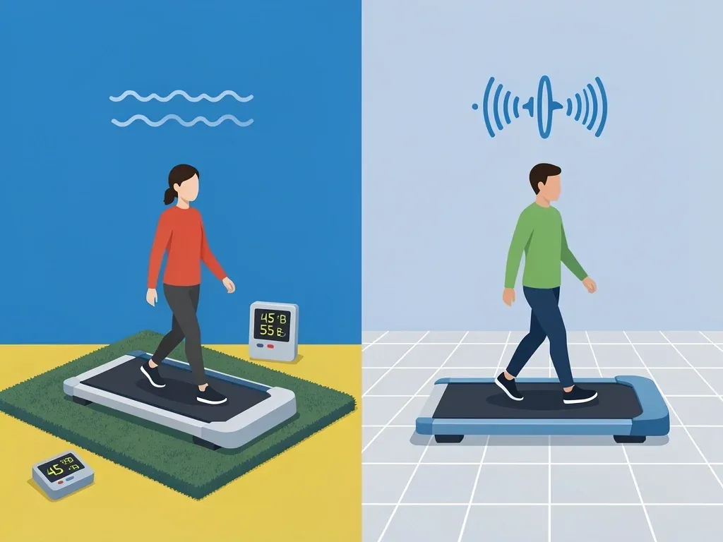 Walking pad decibel levels comparison carpet vs tile Comparison illustration of walking pad noise levels on carpet versus tile floor with decibel readings