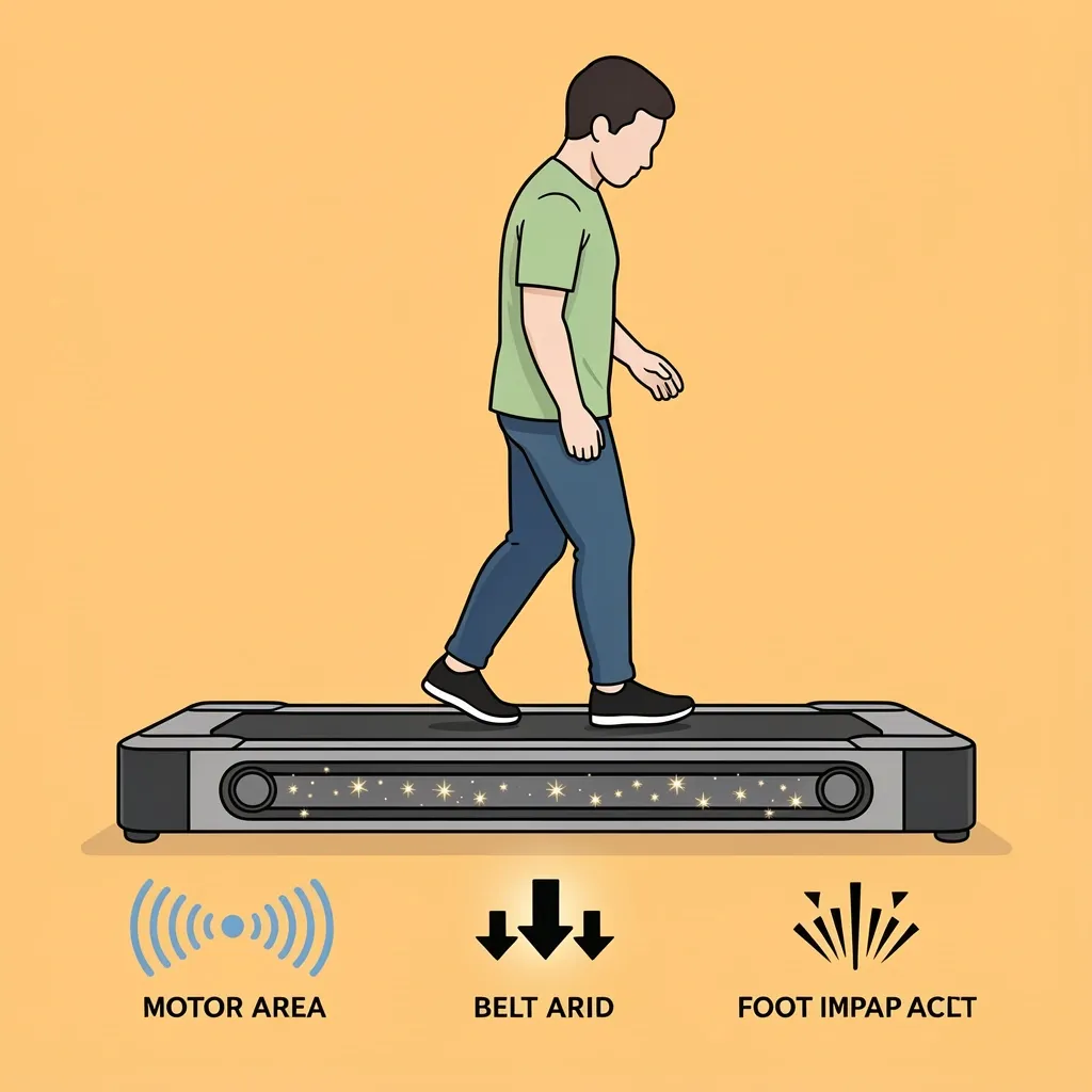 Walking Pad Noise Sources Illustration Illustration showing three noise sources on a walking pad: motor hum, belt friction, and footfall impact