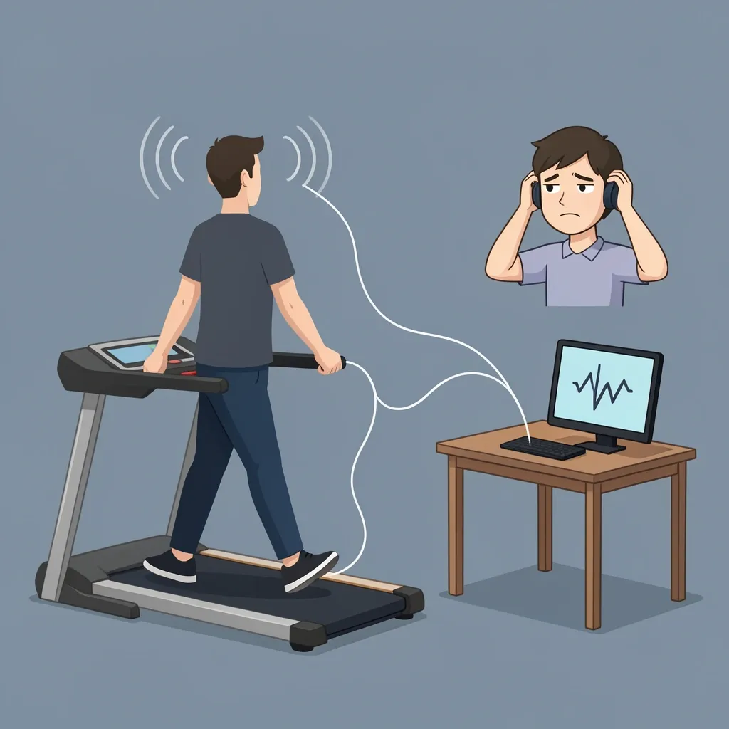 Noise and Vibration Problems of Walking Pads Person on walking pad causing noise waves and desk vibration, with another person in adjacent room looking annoyed.