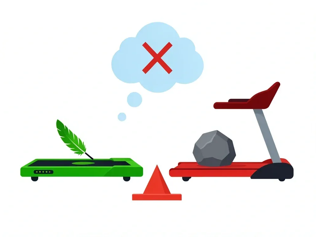 Walking Pad Power Myth Buster Scale comparing walking pad (feather) and treadmill (rock) with a myth symbol, showing walking pads use much less power